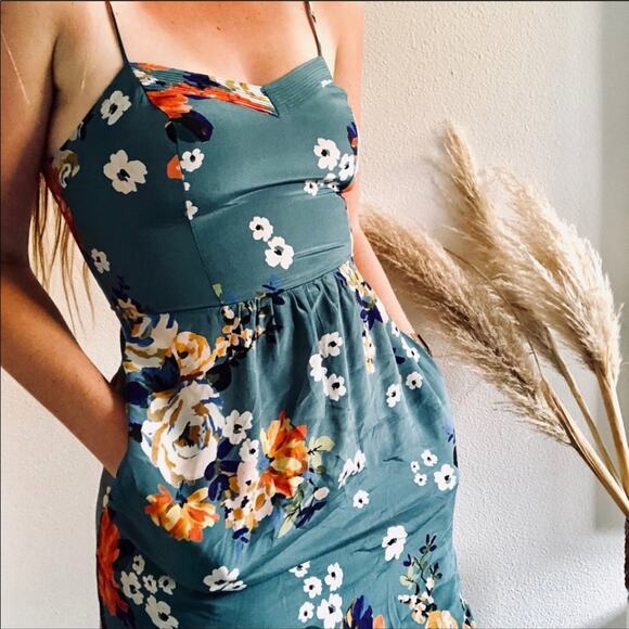 ANTHROPOLOGIE Soeurs Floral Turquoise Spaghetti Strap Pleated Mini Dress 0 - Picture 6 of 10